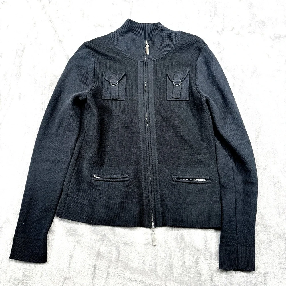 Cardigan Sweater Jacket Womans‎ M Navy Blue Full Zip Lng Sleeve Cotton Blend OLO